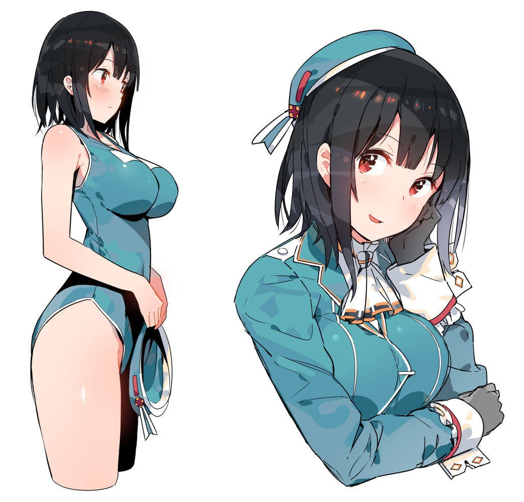 2girls, hat, kantai_collection, looking_at_viewer, short_hair, takao_(kantai_collection)
