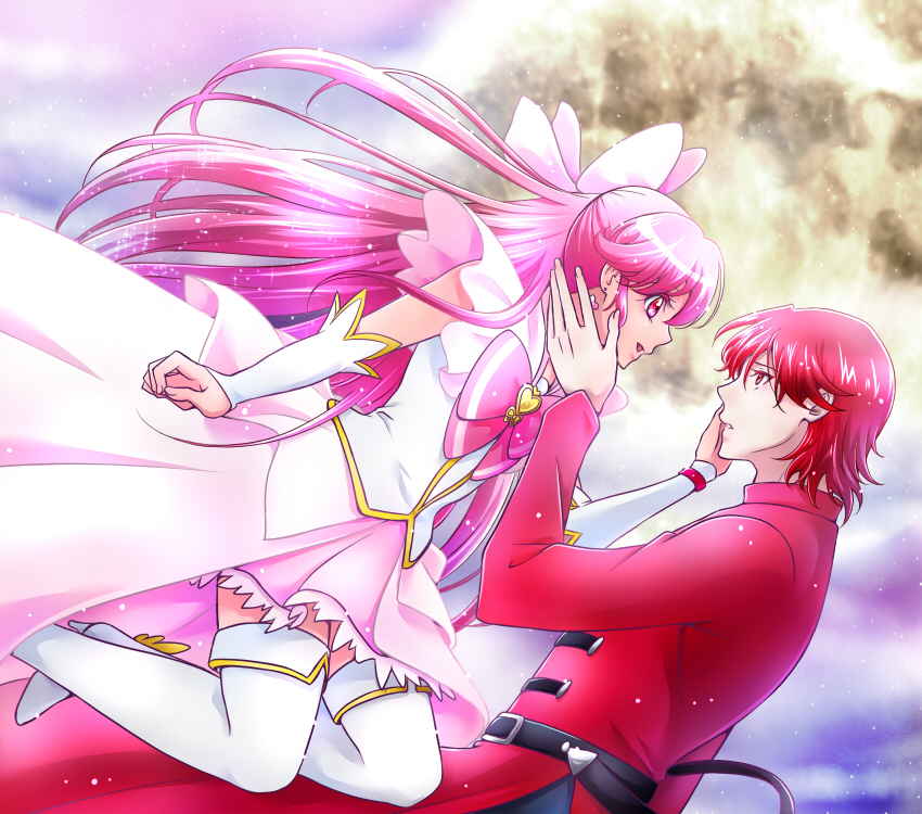 1boy, 1girl, aino_megumi, belt, boots, bow, brooch, colored_eyelashes, cure_lovely, earrings, eye_contact, forever_lovely, hair_bow, hand_on_another's_face, happinesscharge_precure!, hyuuga_(gekkazake), jewelry, long_hair, looking_at_another, magical_girl, pink_bow, pink_eyes, pink_hair, pink_skirt, precure, red_(happinesscharge_precure!), red_eyes, red_shirt, redhead, shirt, skirt, smile, thigh-highs, thigh_boots, white_bow, wrist_cuffs