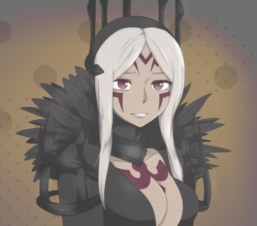 1girl, bangs, bodypaint, breasts, cleavage, dark_skin, facial_mark, feathers