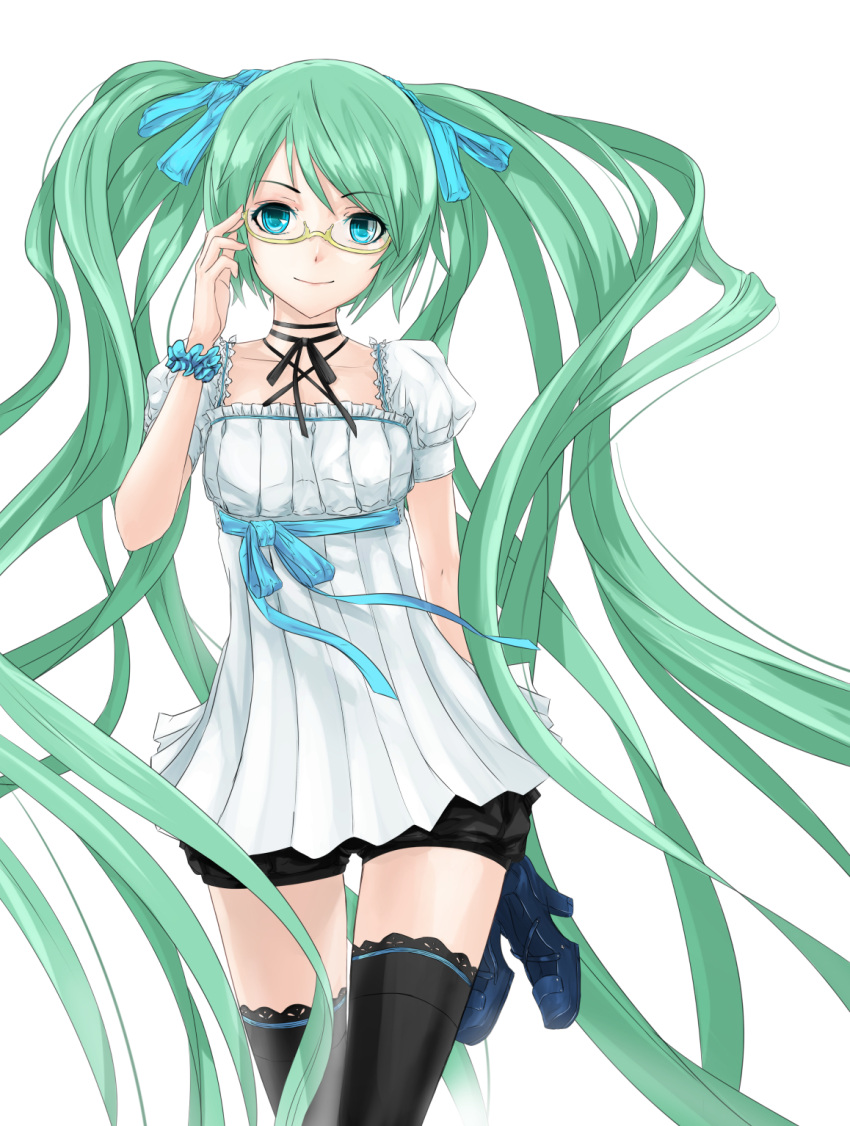 1girl, adjusting_glasses, aqua_eyes, bespectacled, black_legwear, glasses, green_hair, hair_ribbon