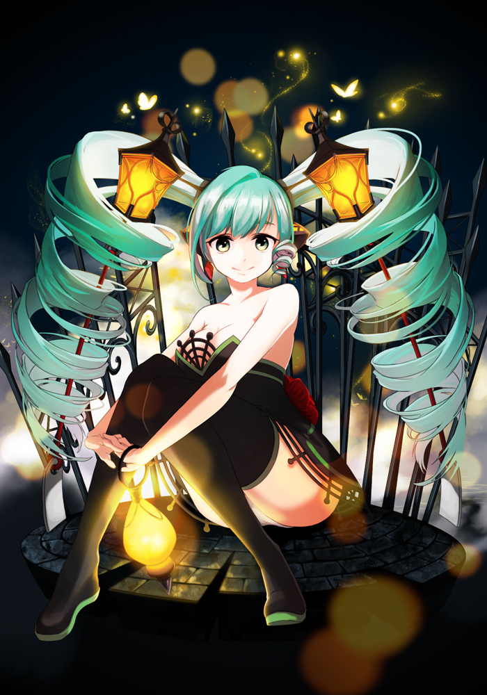 1girl, boots, breasts, cleavage, drill_hair, green_eyes, green_hair, hatsune_miku