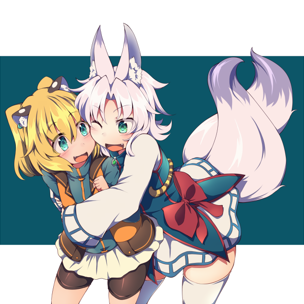 2girls, animal_ears, aqua_eyes, bike_shorts, blonde_hair, fox_ears, fox_tail, fukunomiya_koko, green_eyes, kuromiya, multiple_girls, multiple_tails, one_eye_closed, original, short_hair, tail, thigh-highs, tiger_ears, torafuji_nagi