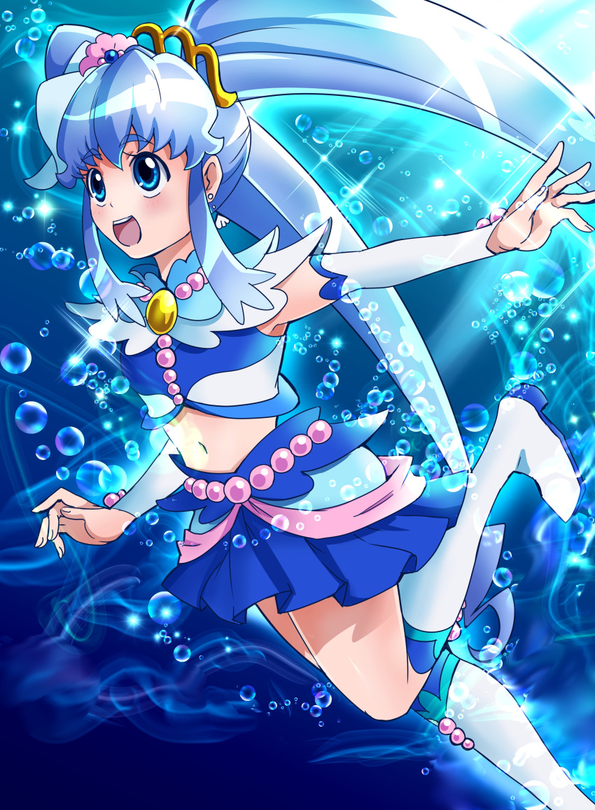 1girl, :d, absurdres, arm_warmers, blue, blue_eyes, blue_hair, blue_skirt