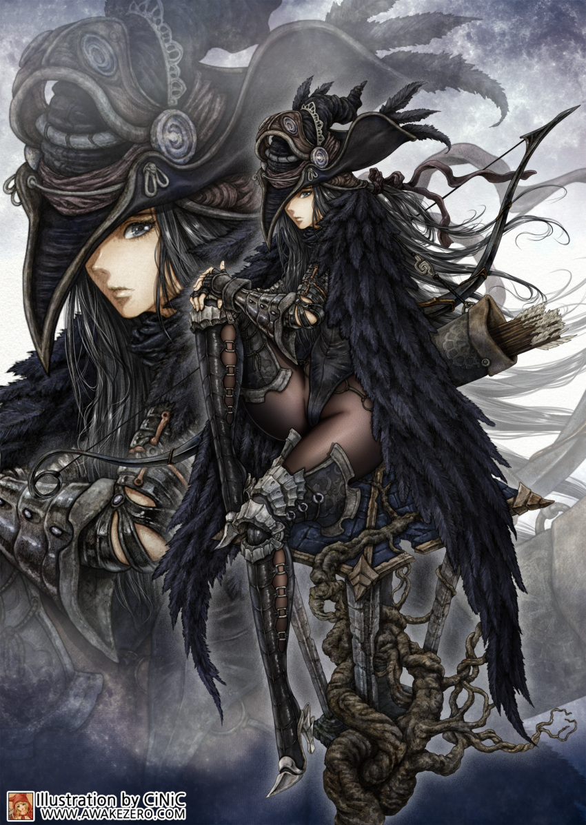 1girl, armor, arrow, black_eyes, black_hair, boots, bow_(weapon), feathers