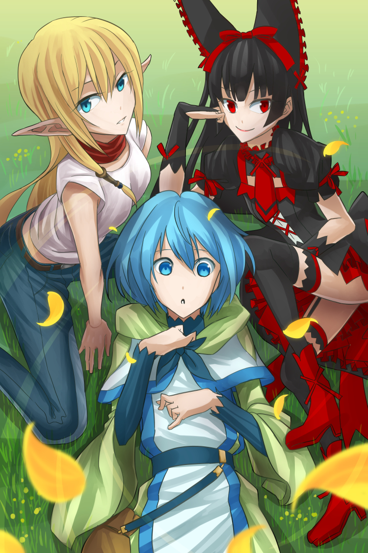 3girls, bag, black_hair, black_legwear, blonde_hair, blue_eyes, blue_hair, breasts