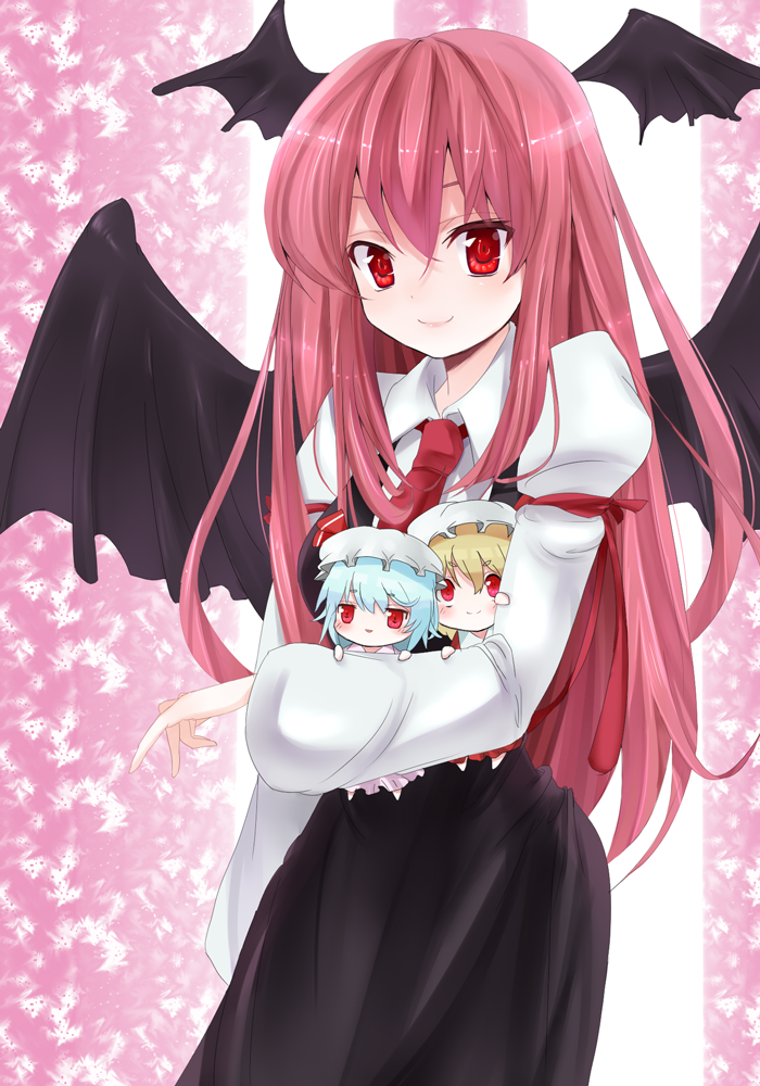 blonde_hair, blue_hair, chibi, chibi_hug, eyebrows, flandre_scarlet, hat, head_wings