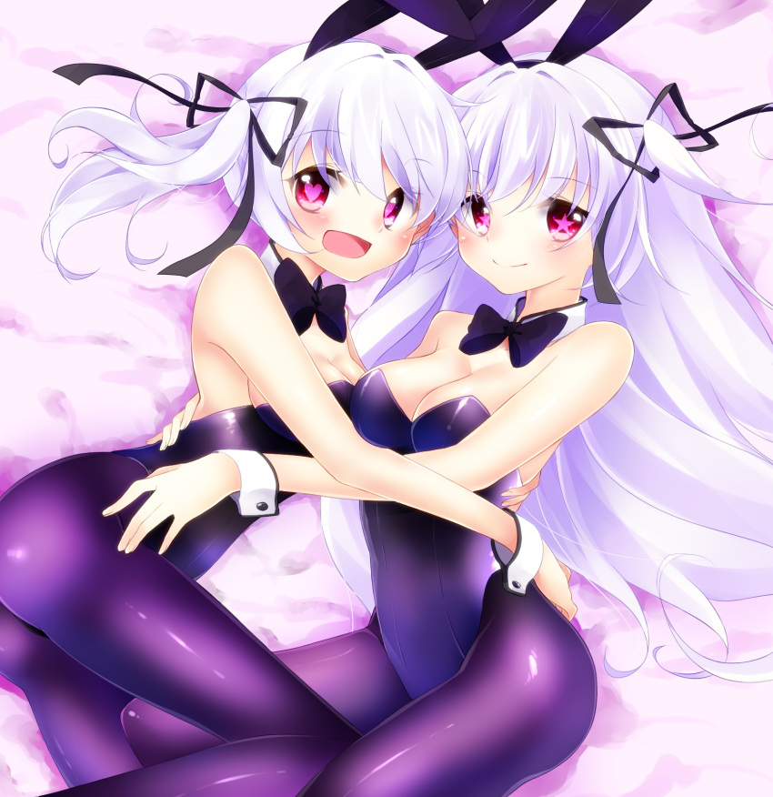 2girls, animal_ears, bowtie, bunnysuit, detached_collar, heart, heart-shaped_pupils, highres, hinagesi1206, long_hair, multiple_girls, original, pantyhose, rabbit_ears, red_eyes, silver_hair, star, star-shaped_pupils, symbol-shaped_pupils, twintails, two_side_up, wrist_cuffs