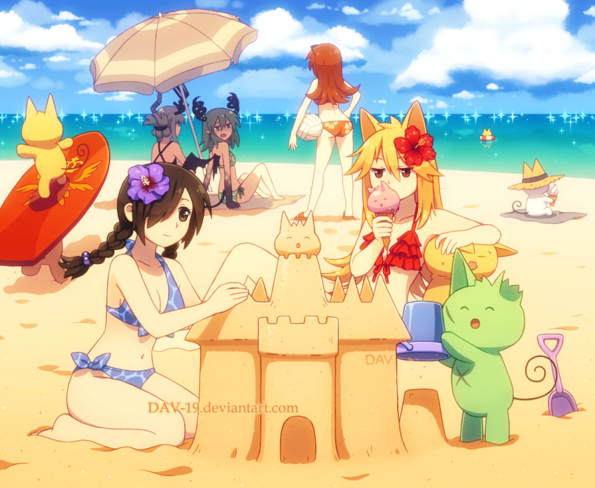 5girls, animal_ears, arm_rest, artist_name, ass, bangs, beach, black_eyes