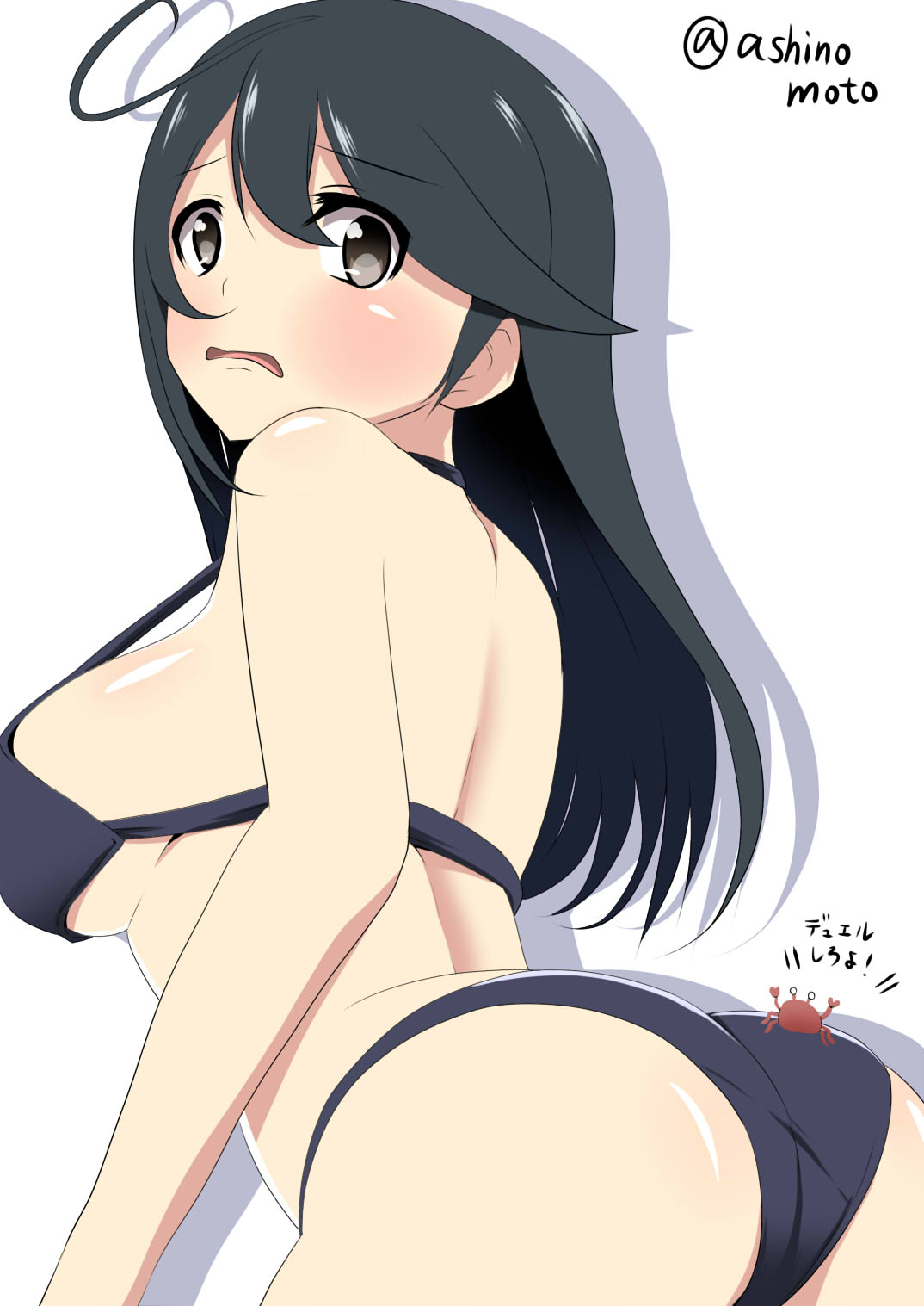1girl, ashino_moto, ass, bikini, black_eyes, black_hair, crab, highres