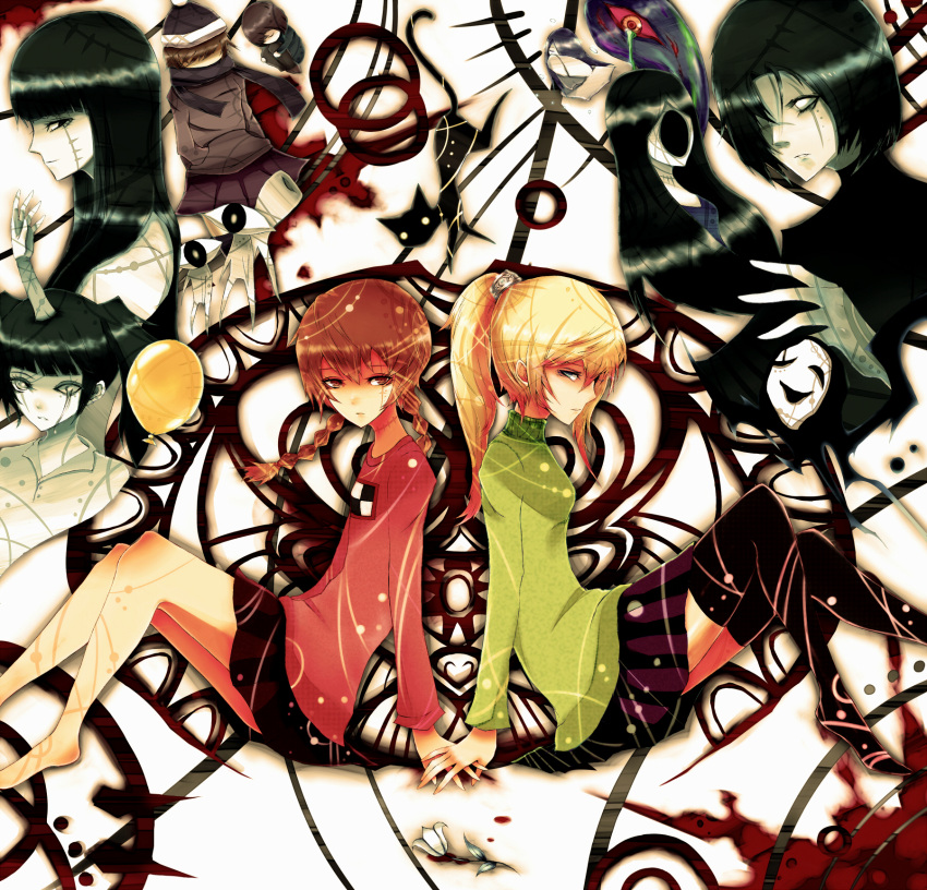 2boys, 6+girls, animal, balloon, bangs, barefoot, black_hair, blonde_hair