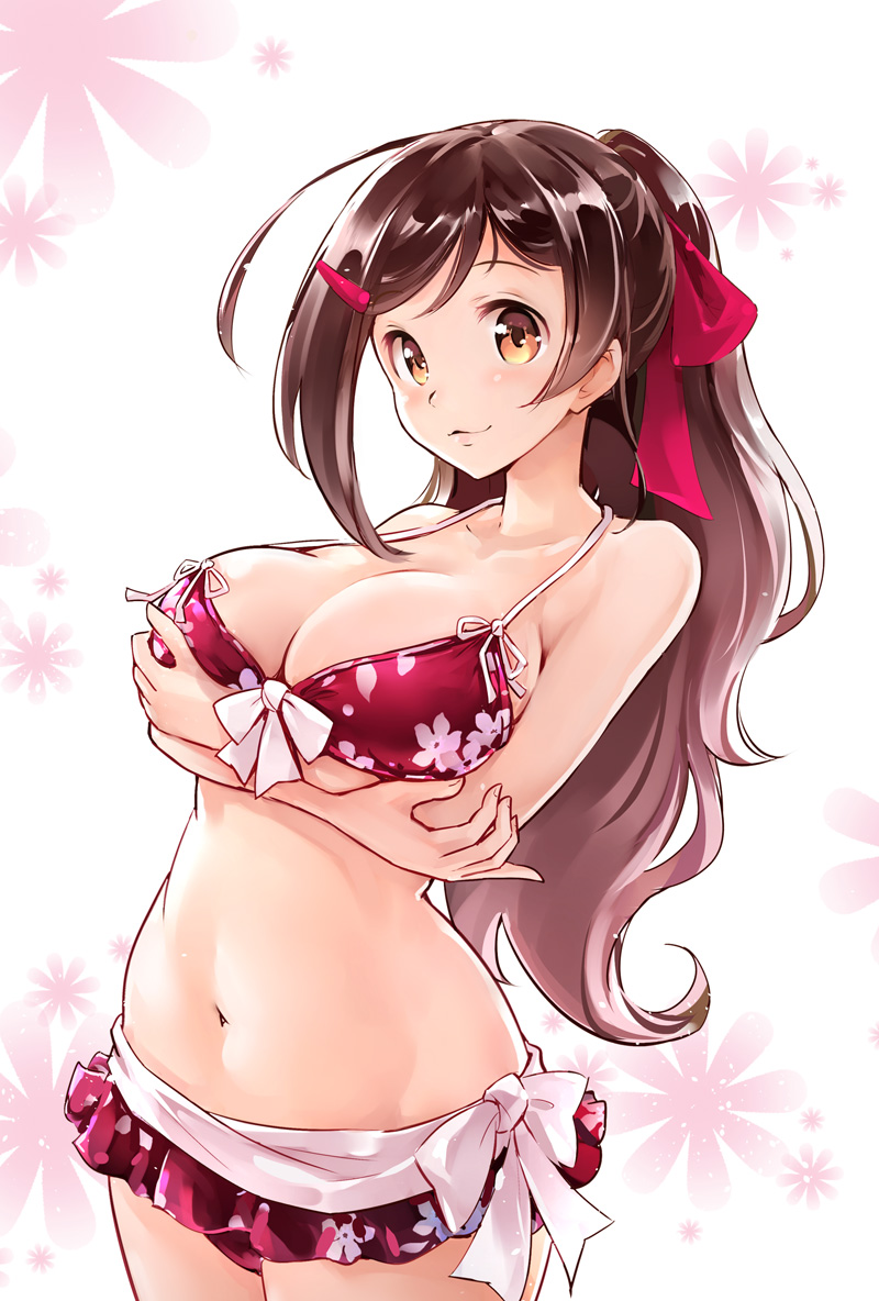 1girl, bikini, bikini_skirt, brown_eyes, brown_hair, kantai_collection, long_hair, mamiya_(kantai_collection), mousoup, ponytail, swimsuit