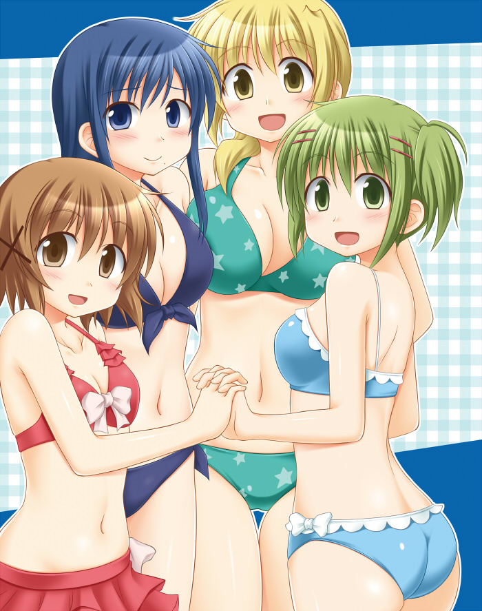 4girls, ass, bikini, bikini_skirt, blonde_hair, blue_eyes, blue_hair, brown_eyes, brown_hair, green_eyes, green_hair, hidamari_sketch, long_hair, mami_(hidamari_sketch), miyako, multiple_girls, nakayama_(hidamari_sketch), short_hair, swimsuit, twintails, utomo, yellow_eyes, yuno