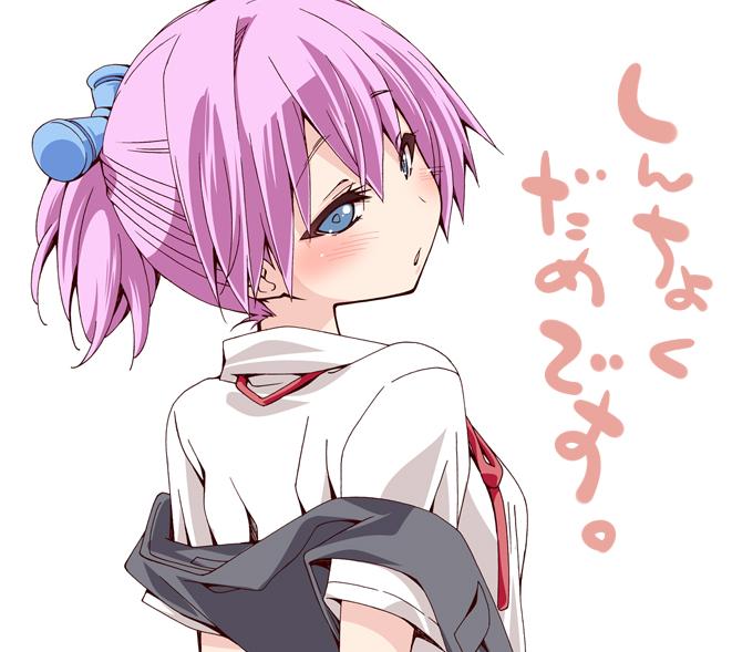 1girl, :o, blue_eyes, blush, hair_ornament, kantai_collection, looking_at_viewer, looking_back, mikage_(curry_berg_dish), pink_hair, ponytail, ribbon, school_uniform, shiranui_(kantai_collection), short_hair, simple_background, solo, translation_request, upper_body, vest, white_background