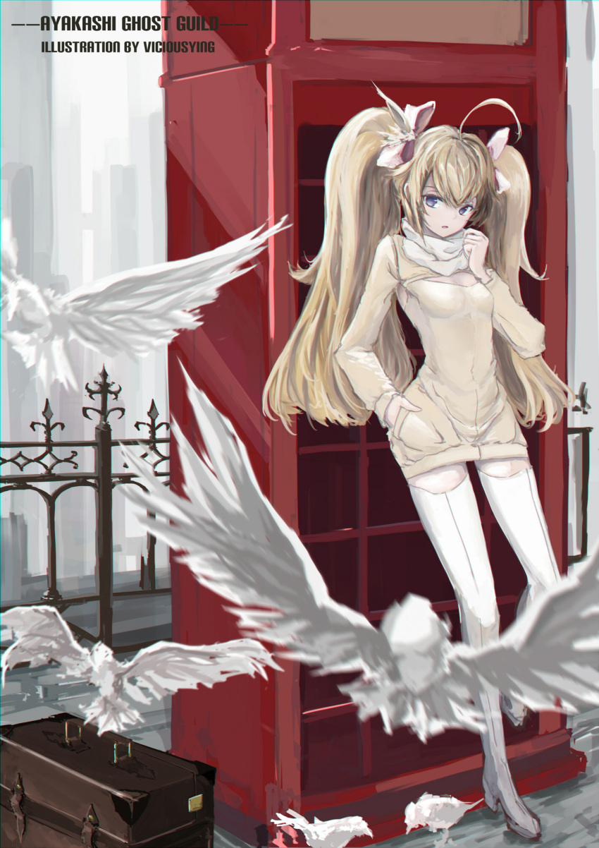 1girl, ahoge, artist_name, ayakashi_onmyouroku, bird, blonde_hair, bow, chromatic_aberration, copyright_name, hair_bow, highres, lady_wedge, long_hair, open_mouth, phone_booth, pink_bow, scarf, solo, thigh-highs, twintails, vicious_kage, violet_eyes, white_legwear, white_scarf, zettai_ryouiki