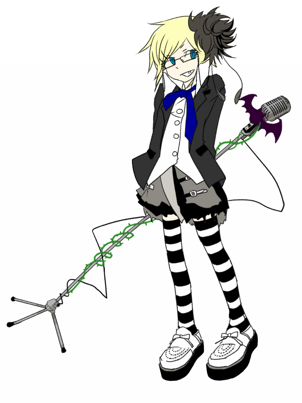 bespectacled, blonde_hair, blue_eyes, glare_(vocaloid), glasses, grin, hair_ornament, hair_ribbon