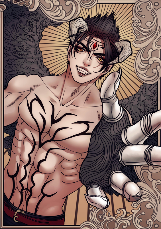 black_hair, border, claws, devil_jin, dutch_angle, emphasis_lines, facial_mark, fangs