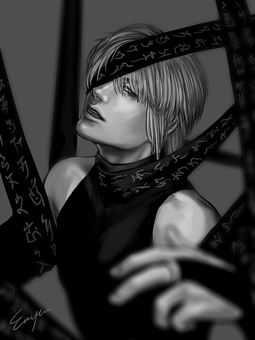 1boy, blurry, depth_of_field, en_(en-chune), genjou_sanzou, greyscale, male_focus, monochrome, one_eye_covered, partially_colored, ribbon, saiyuki, signature, solo, violet_eyes