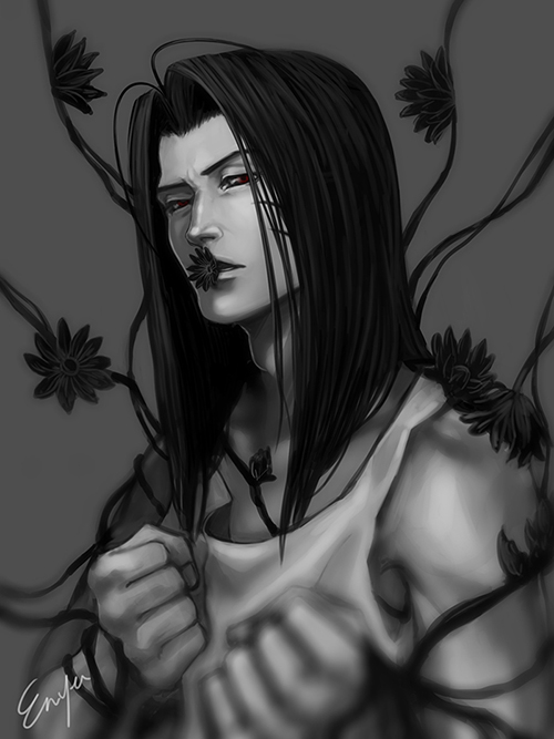 blurry, bound_wrists, depth_of_field, en_(en-chune), flower, flower_in_mouth, greyscale, long_hair, monochrome, partially_colored, red_eyes, saiyuki, sha_gojou, signature, vines