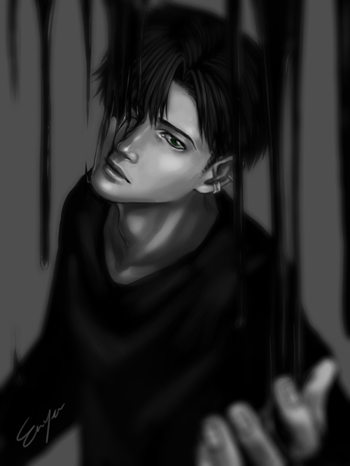 1boy, blurry, cho_hakkai, depth_of_field, en_(en-chune), green_eyes, greyscale, male_focus