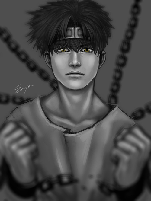 blurry, broken, broken_chain, chain, chained_wrists, depth_of_field, en_(en-chune), greyscale