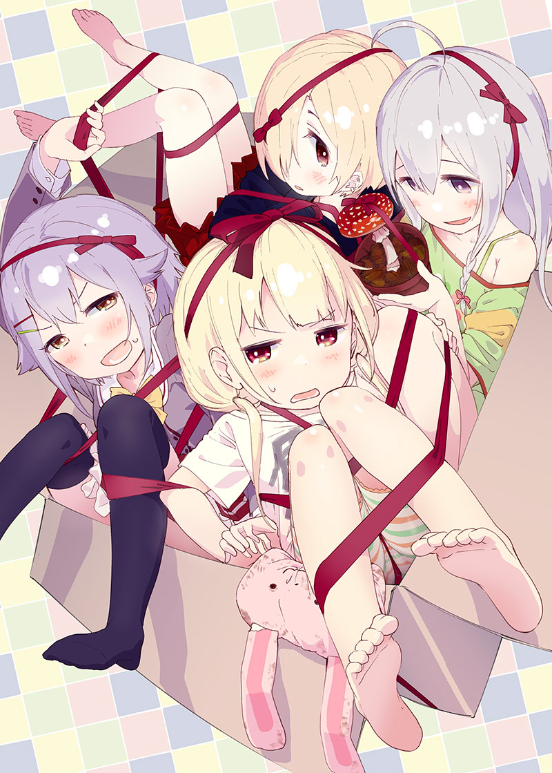 4girls, :d, ahoge, bike_shorts, black_legwear, blonde_hair, blush, braid