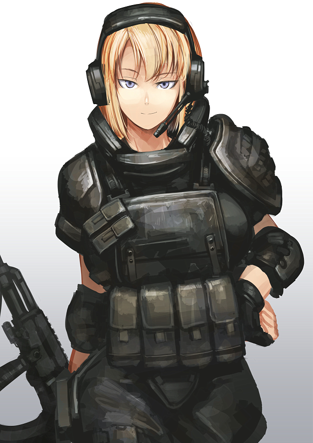 1girl, ak-103, armor, assault_rifle, blonde_hair, blue_eyes, bomb_suit, fingerless_gloves, gun, headphones, hetza_(hellshock), military, original, tagme, weapon