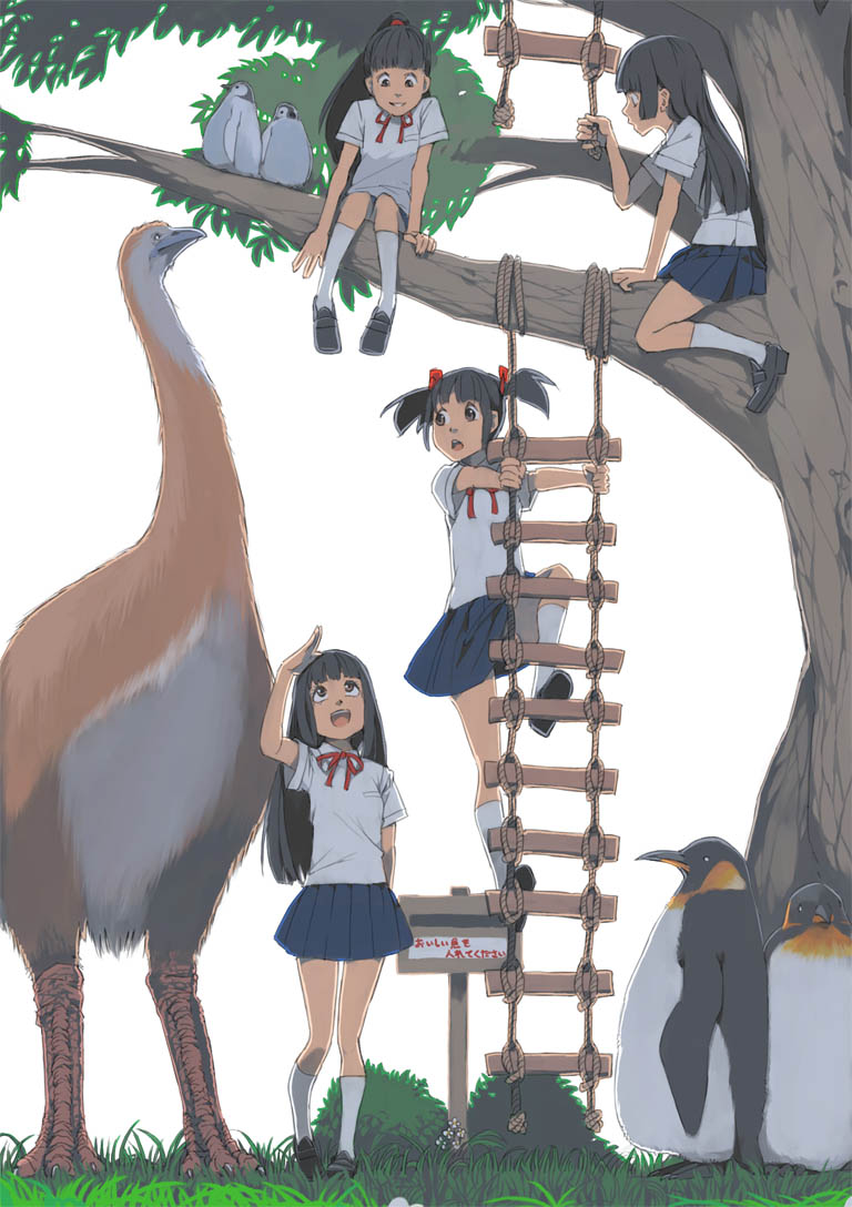4girls, akinbo_(hyouka_fuyou), bird, black_hair, branch, brown_eyes, climbing, in_tree, long_hair, moa_(bird), multiple_girls, open_mouth, original, penguin, rope_ladder, school_uniform, serafuku, sitting, sitting_in_tree, skirt, smile, tree, twintails