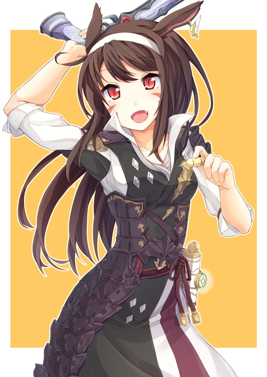 1girl, animal_ears, brown_hair, cat_ears, earrings, facial_mark, fang, final_fantasy, final_fantasy_xiv, gun, handgun, highres, jewelry, long_hair, machinist_(final_fantasy), miqo'te, oruto_(ort+), pistol, red_eyes, slit_pupils, solo, weapon