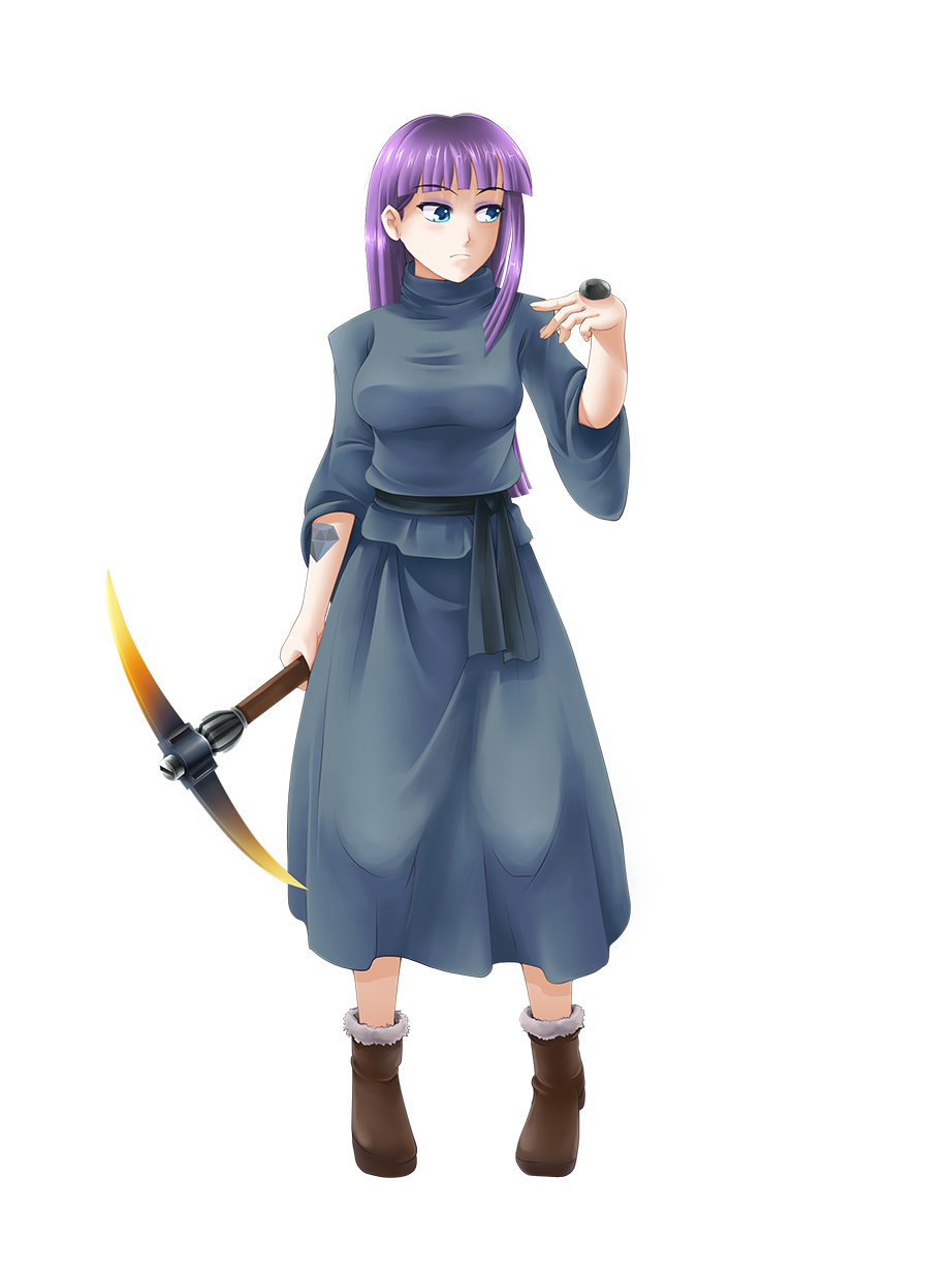 1girl, boots, cutie_mark, highres, maud_pie, my_little_pony, my_little_pony_friendship_is_magic, personification, pickaxe, purple_hair, tattoo, yatonokami