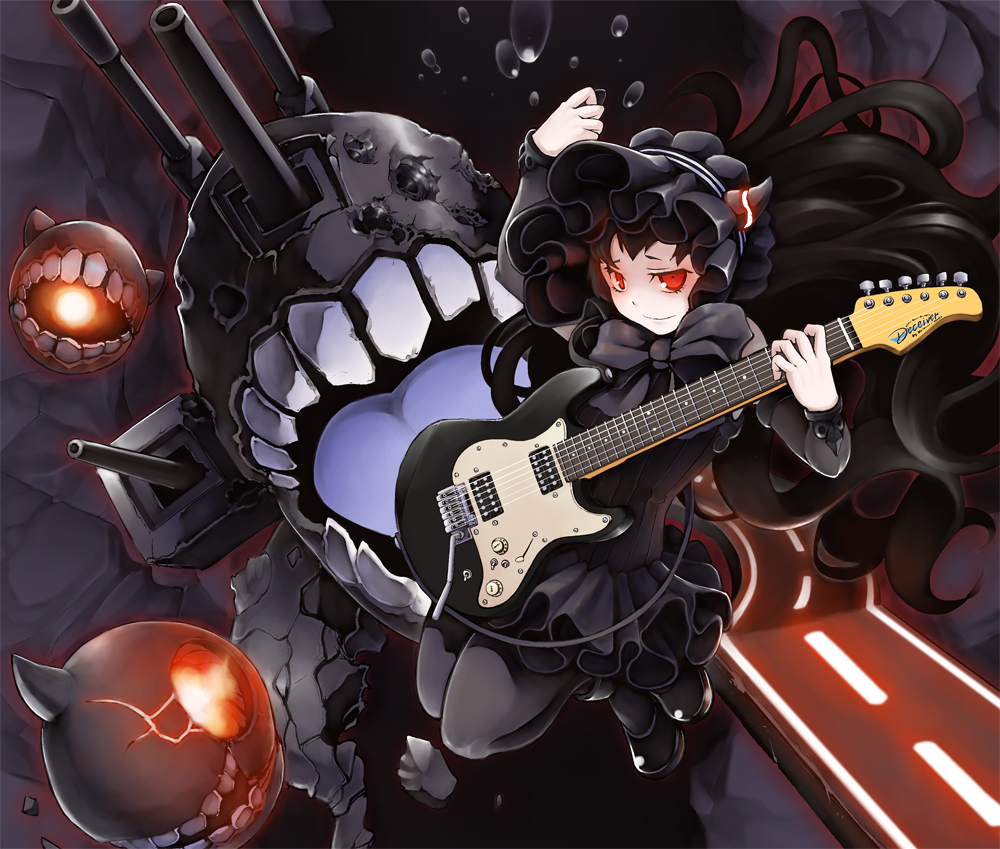 1girl, black_hair, dress, electric_guitar, gothic_lolita, guitar, horns, instrument