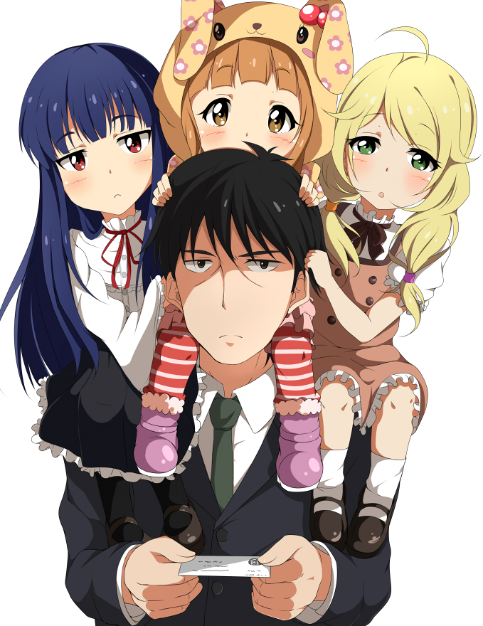 1boy, 3girls, ahoge, animal_costume, animal_ears, bangs, black_hair, blonde_hair