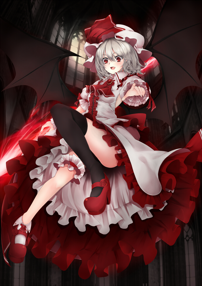1girl, ascot, bat_wings, black_legwear, convenient_leg, fang, frills, full_body, hat, hat_ribbon, leg_garter, looking_down, mary_janes, mob_cap, open_mouth, pointing, pointing_at_viewer, puffy_sleeves, red_eyes, remilia_scarlet, ribbon, shirt, shoes, short_hair, short_sleeves, silver_hair, single_thighhigh, skirt, skirt_set, smile, solo, spear_the_gungnir, thigh-highs, touhou, utakata_(kochou_no_yume), wings, wrist_cuffs