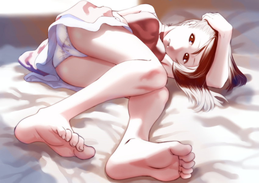 1girl, barefoot, bed_sheet, brown_eyes, brown_hair, feet, legs, lying