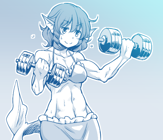 1girl, alternate_costume, animal_ears, bikini, dra, drill_hair, head_fins, japanese_clothes, kimono, mermaid, monochrome, monster_girl, muscle, short_hair, smile, solo, swimsuit, touhou, underwater, wakasagihime, weightlifting