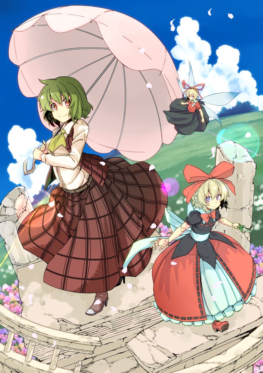 ascot, blonde_hair, blue_eyes, doll, doll_joints, green_hair, hair_ribbon, highres