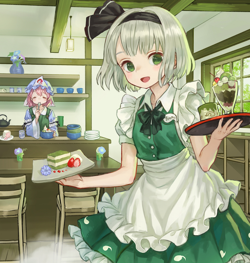 2girls, ama-tou, apron, bangs, black_ribbon, blush_stickers, bow, bowl