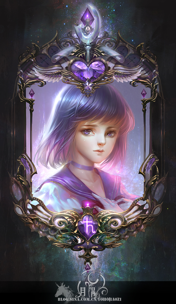 1girl, bishoujo_senshi_sailor_moon, black_hair, expressionless, face, gem, gloves, magical_girl, sailor_collar, sailor_saturn, saturn_symbol, short_hair, solo, tomoe_hotaru, violet_eyes, watermark, web_address, white_gloves, yoho_kameko