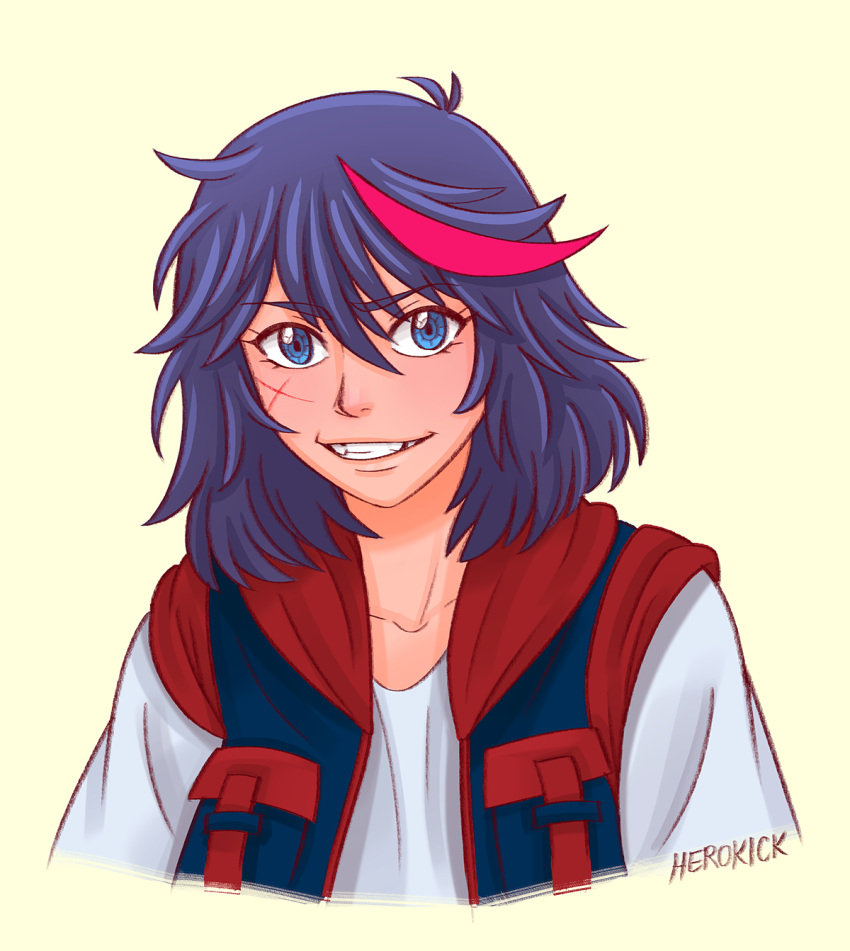 blue_eyes, blush, crooked_teeth, herokick, highres, kill_la_kill, matoi_ryuuko, messy_hair