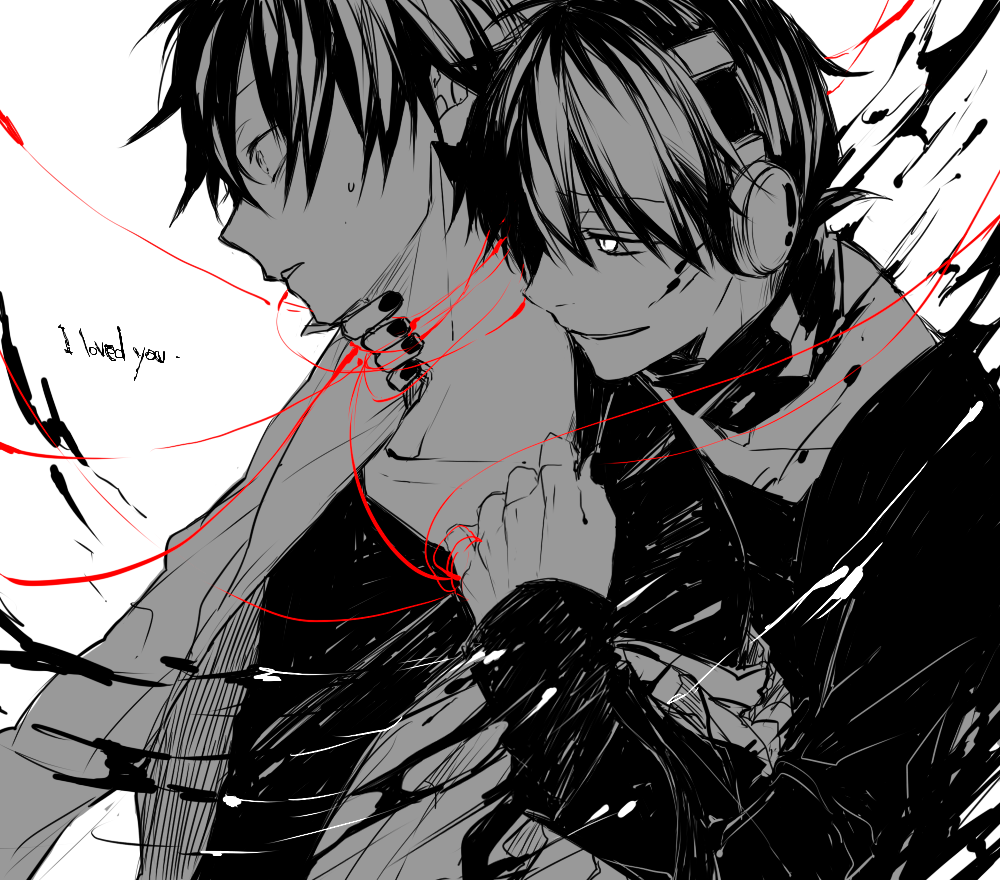 2boys, asphyxiation, black_hair, choking, dark_konoha, headphones, kagerou_project, kisaragi_shintarou