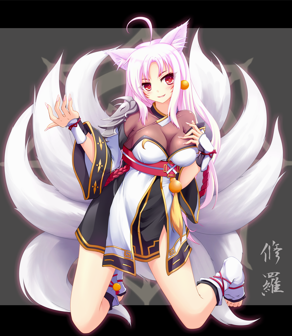 1girl, ahoge, albino, animal_ears, ara_han, black_skirt, breasts, cat_and_rabbit