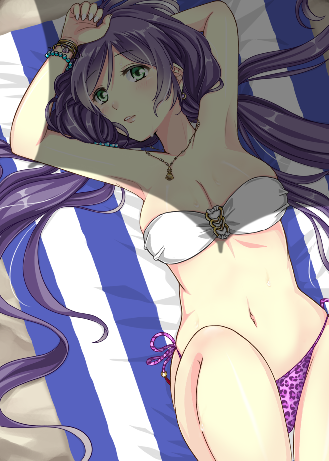 19_(130309), 1girl, armpits, bikini, braclet, breasts, earrings, green_eyes