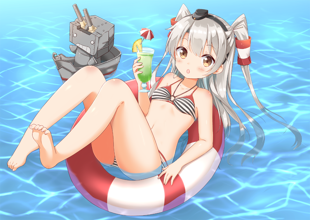 1girl, alternate_costume, amatsukaze_(kantai_collection), bare_shoulders, bikini, hair_tubes, hat, kantai_collection