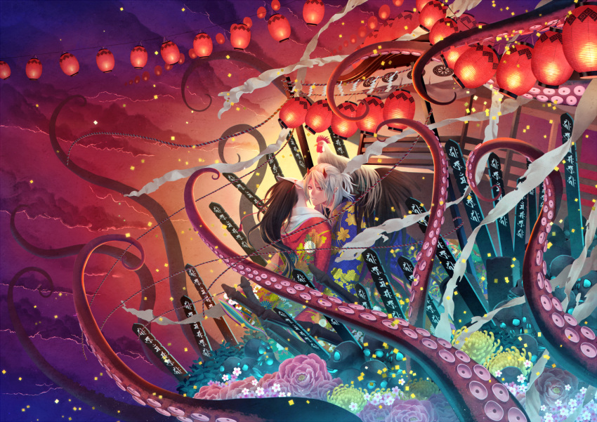 1boy, 1girl, black_hair, demon_horns, fox_mask, horns, japanese_clothes, lantern