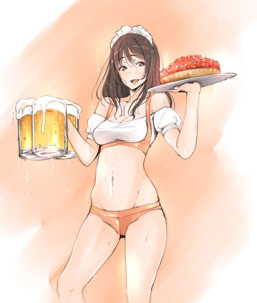 1girl, :d, alcohol, beer, beer_mug, breasts, brown_hair, cleavage