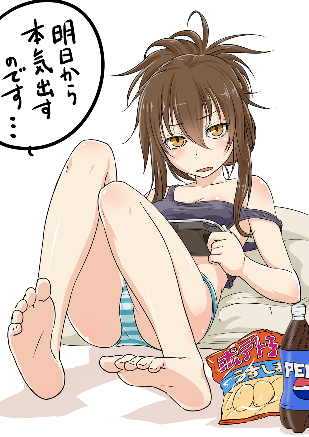 1girl, bare_legs, bare_shoulders, barefoot, body_blush, brown_eyes, brown_hair, chips, folded_ponytail, handheld_game_console, highres, inazuma_(kantai_collection), kantai_collection, looking_at_viewer, messy_hair, mujuuryoku_kantai, off_shoulder, open_mouth, panties, pepsi, pillow, playstation_vita, solo, striped, striped_panties, tank_top, translation_request, underwear, white_background