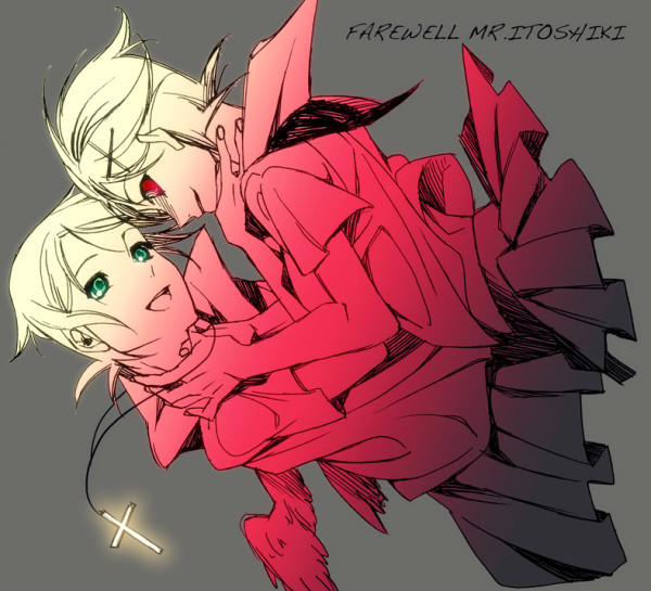 1boy, 1girl, asphyxiation, black_hair, choking, cross, cross_necklace, furu_(retr0e), fuura_kafuka, fuura_kafuka_(cosplay), green_eyes, hair_ornament, hairclip, kudou_jun, open_mouth, red_eyes, sayonara_zetsubou_sensei, school_uniform, serafuku, short_hair, smile, spoilers