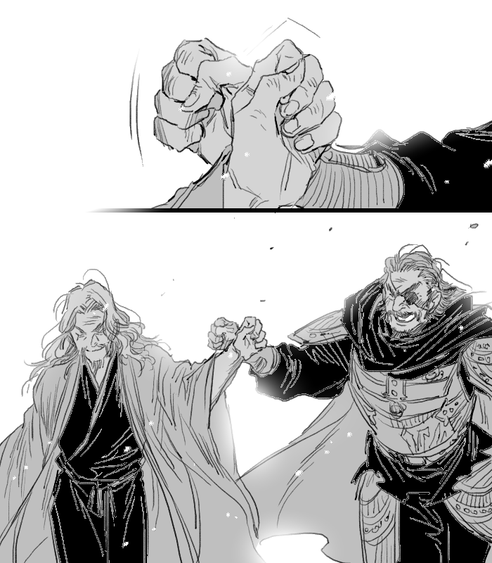 2boys, armor, beard, cao_cao, eyepatch, facial_hair, hakari1909, multiple_boys, mustache, older, souten_kouro, xiahou_dun