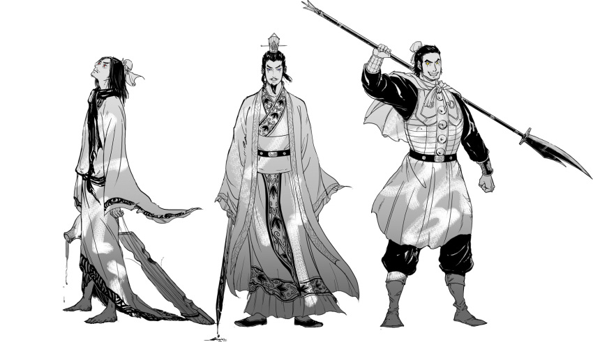 3boys, beard, black_hair, brothers, cao_pi, cao_zhang, cao_zhi, chinese_clothes, facial_hair, glaive, highres, ktsn, long_hair, monochrome, multiple_boys, mustache, polearm, siblings, souten_kouro, weapon
