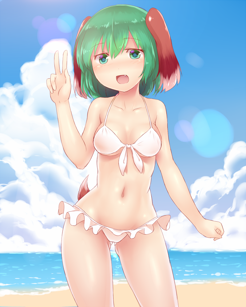 1girl, animal_ears, beach, blue_sky, blush, clouds, fang, green_eyes