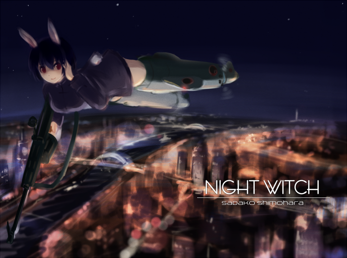 1girl, animal_ears, black_hair, bridge, building, bunny_tail, city, cityscape